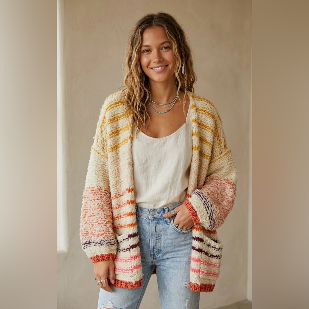 Free People Cream Multicolor Striped Cozy Cardigan